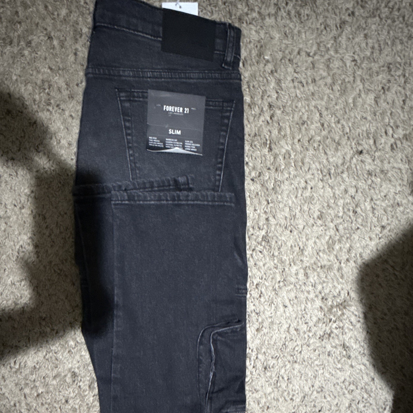 Forever 21 Men’s Black Denim Cargo Jeans Dark Wash Slim Fit Cotton Pockets