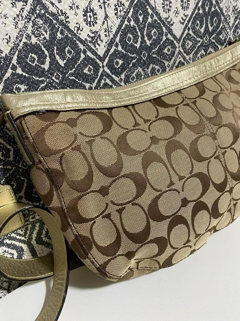 COACH Signature Monogram Canvas Leather Crossbody Shoulder Bag Brown 31cm W Auth