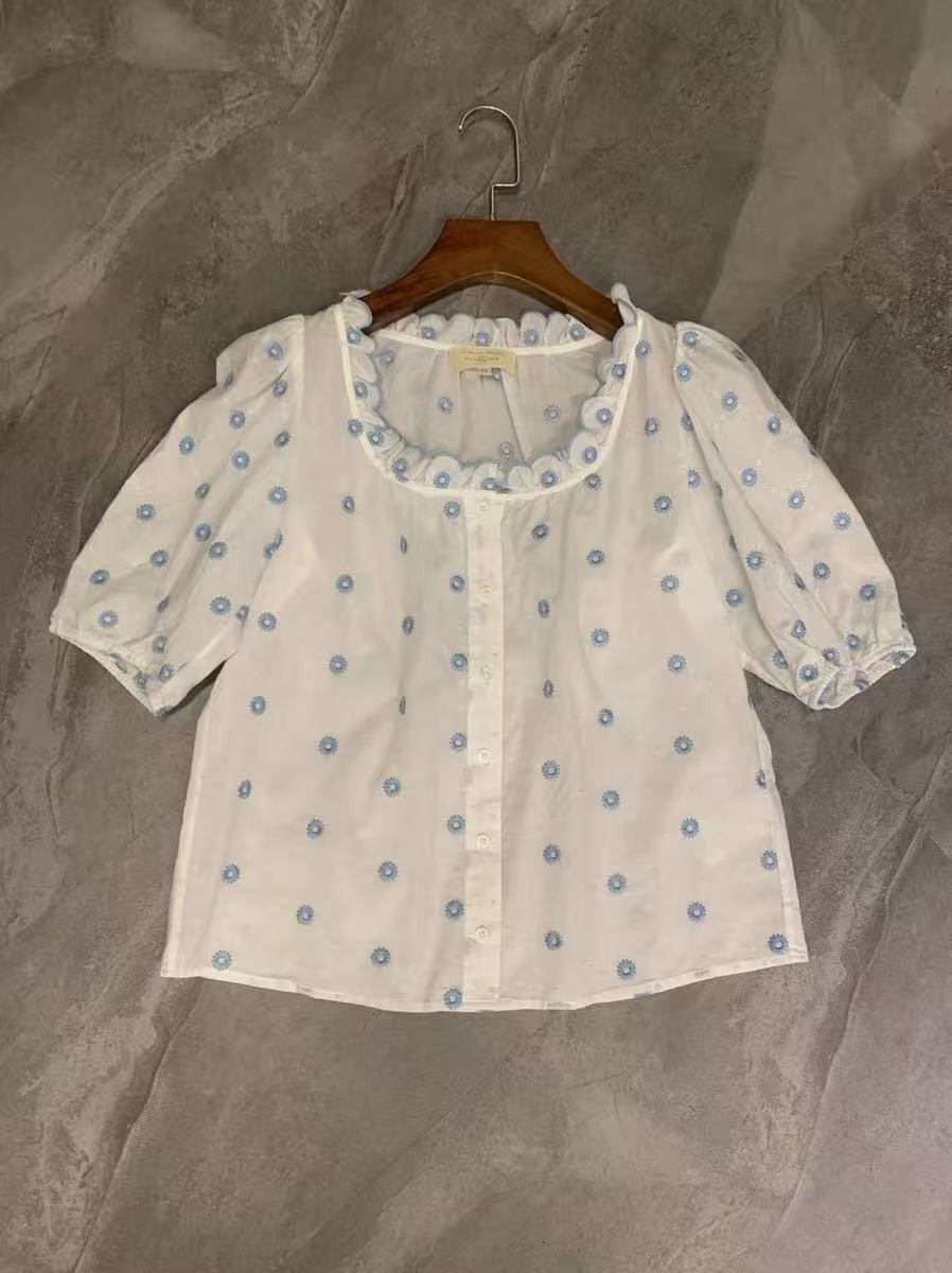 SEZANE Daisy flower embroidery square neck bubble sleeve thin cotton top