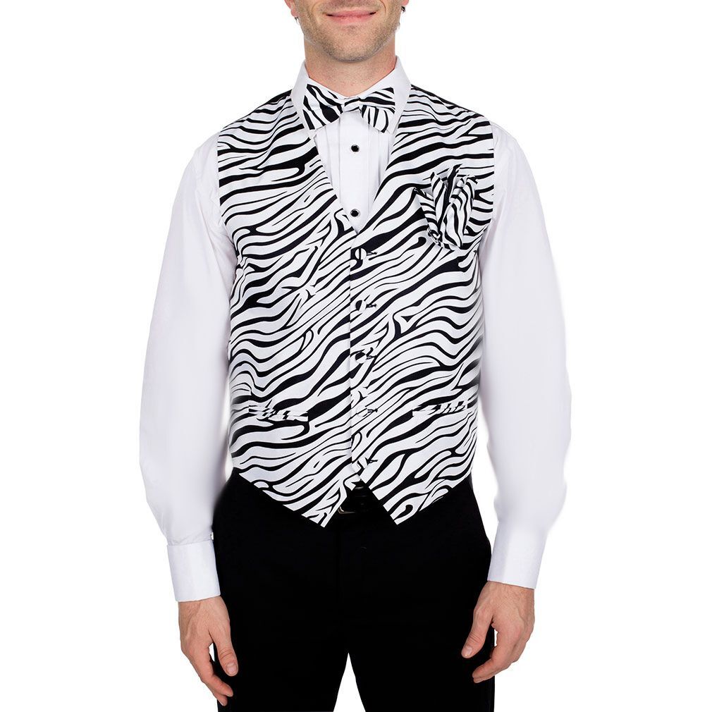 Men’s Zebra Animal Print Tuxedo Vest Bowtie Hanky Set Proms Fashion Waistcoat