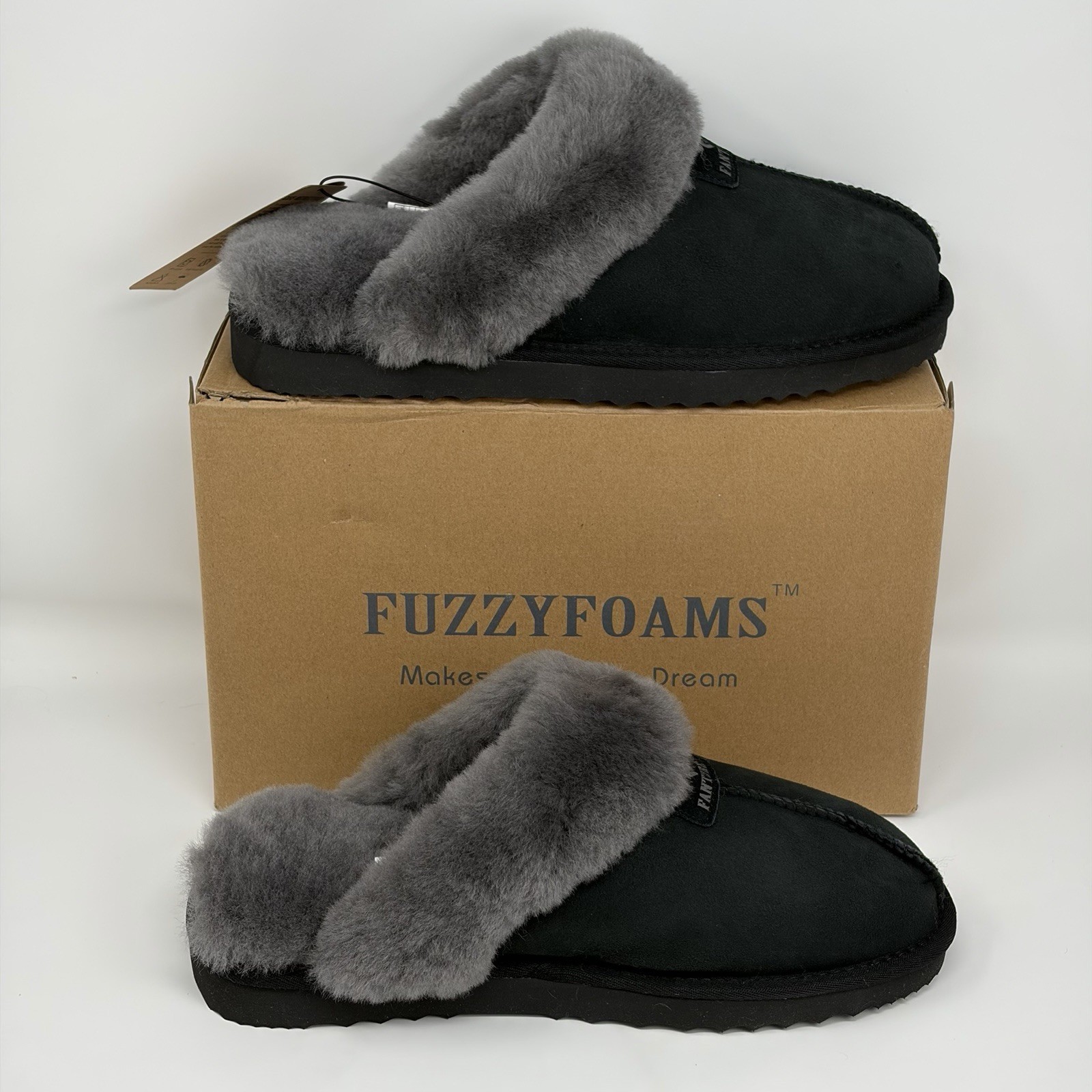Fanture Cloud 901 Black Grey Sheepskin Memory Foam Slippers Women’s Size 11
