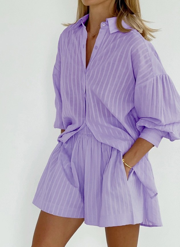 Women Striped 2 Piece Outfit Long Sleeve Button Down Shirt + Casual Short Set