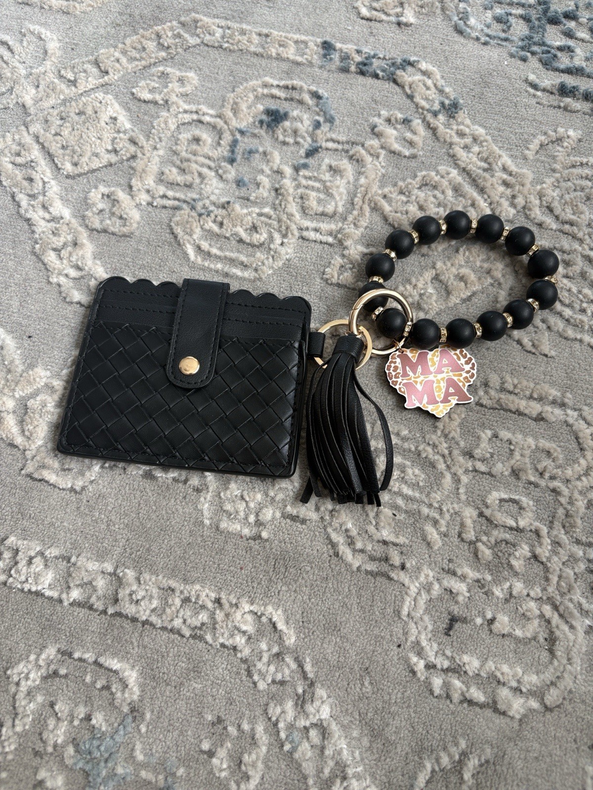 Black Quilted Faux Leather Wristlet Key Chain Card/ID Holder Beaded Tassel MAMA