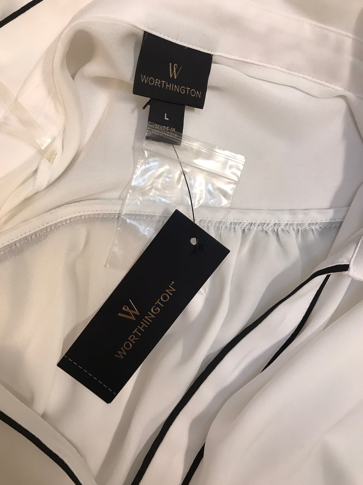 Worthington L Top NWT $37 Sheer Black White Button Up Shirt Blouse Lite Low Cut