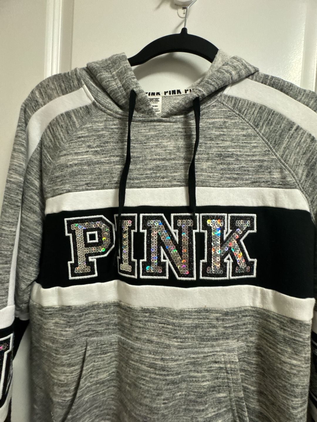 Victoria’s Secret PINK Marled Gray and Black Sequin Logo Pullover Hoodie