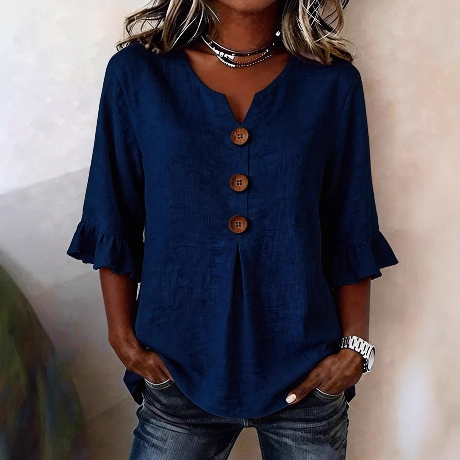 Summer Ruffled-Sleeve Top Loose Casual V-Neck Buttons Short-sleeved Shirts Women