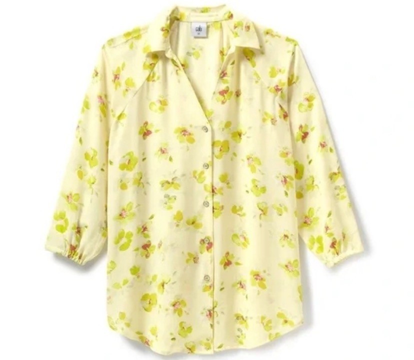CAbi Go To Blouse Spring Yellow Floral Style #6294 Sz L Classic Coastal Corpgore