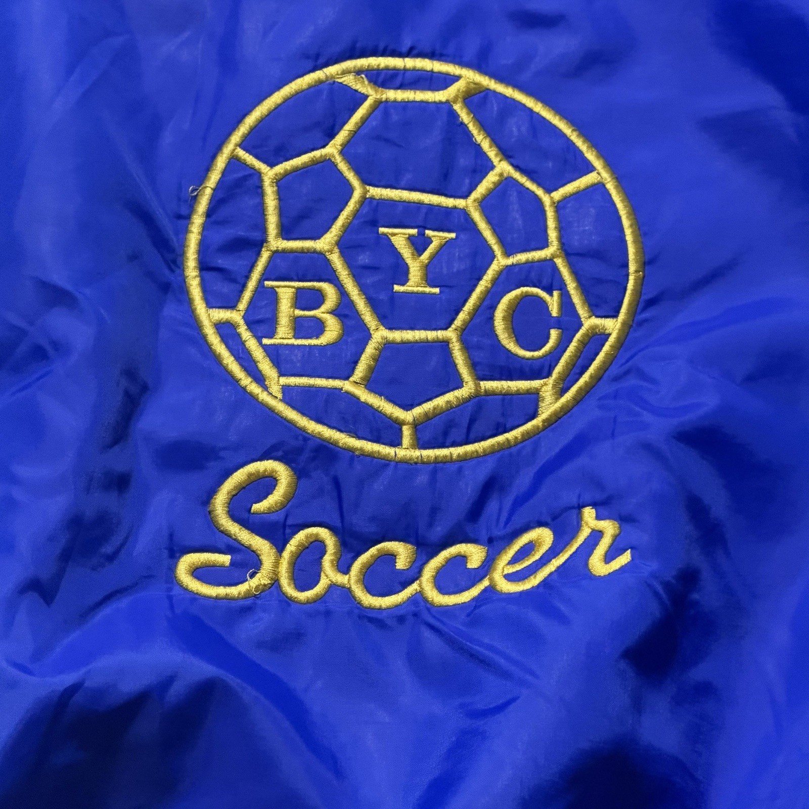 Vintage USA Satin Bomber Jacket Soccer BYC Blue Yellow Fleece Lined Renno Mens M