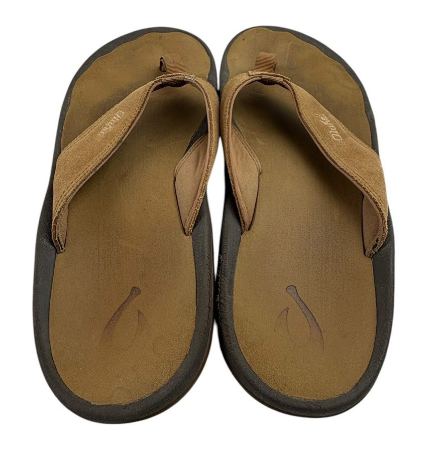 OluKai Mens Tuahine Leather Flip Flop Sandals Size 12 Brown Leather Comfort Shoe