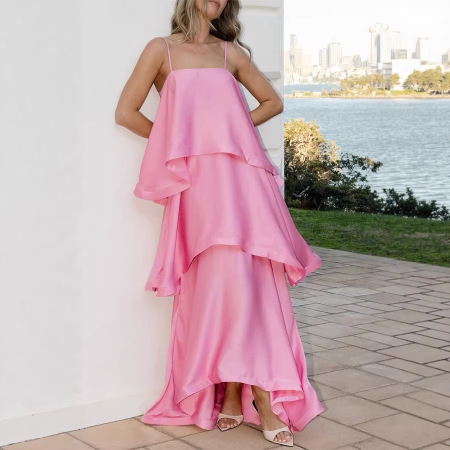NEW Satin Wide-leg Strap Multi-layered Holiday Dress Sizes S-XL