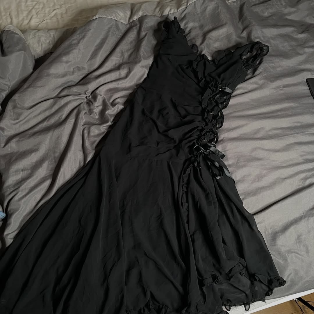 Vintage Whimsigoth Black Midi Dress Side Lace Up Corset Ribbon Ruffle Hem XXS XS