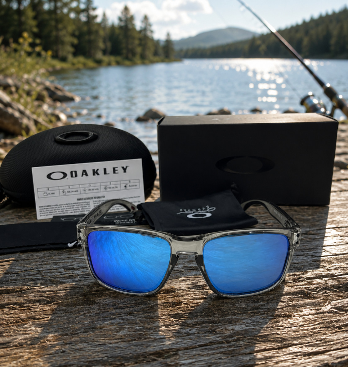 Oakley Holbrook Grey Smoke Clear Frame Blue Mirror Polarized Lens Sunglasses NEW
