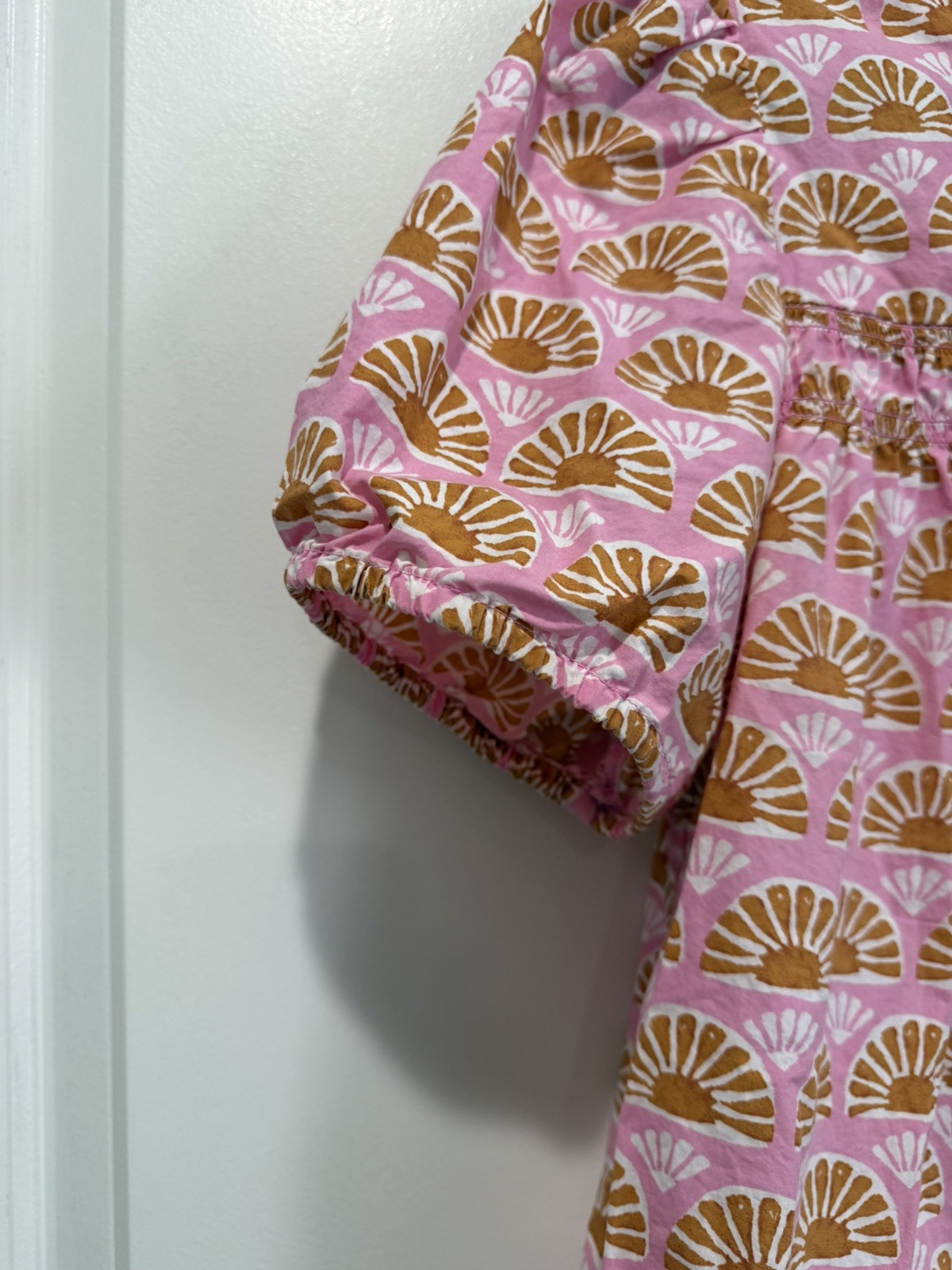 J Crew Women’s Pink Fan Print Smocked Puff Sleeve 100% Cotton Boho Cottage Large