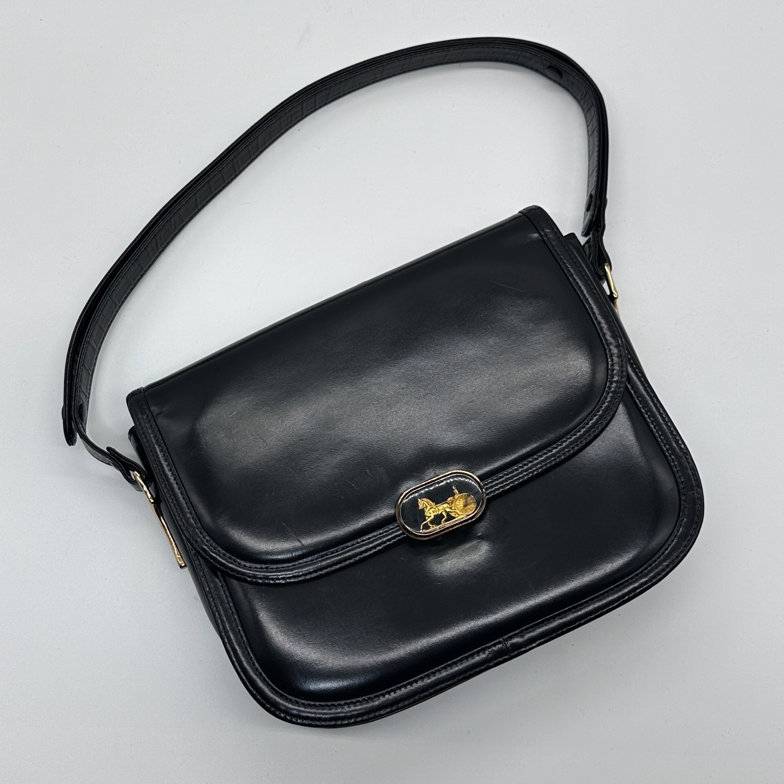CELINE Shoulder Bag Handbag Horse Black Leather Carriage Purse Vintage Authentic