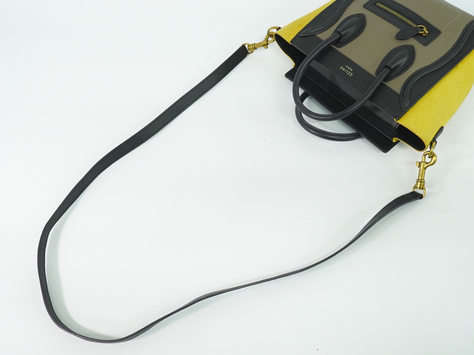CELINE Luggage Nano Leather 2way Shoulder Handbag Greige Yellow Black
