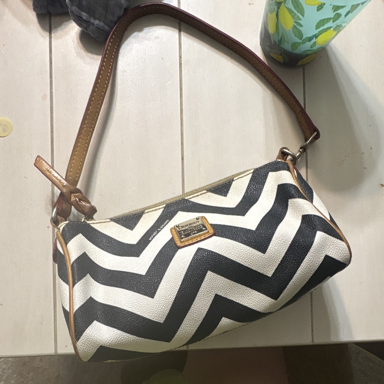 Dooney & Bourke Black/White Chevron Medium Shoulder Bag Zip, Detachable Strap