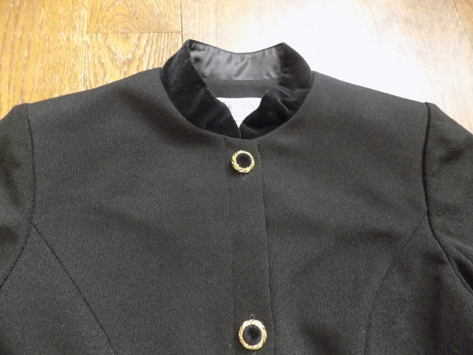 Vtg Jessica Howard Blazer Jacket Mandarin Collar Black sz 8P Gold Velvet Buttons