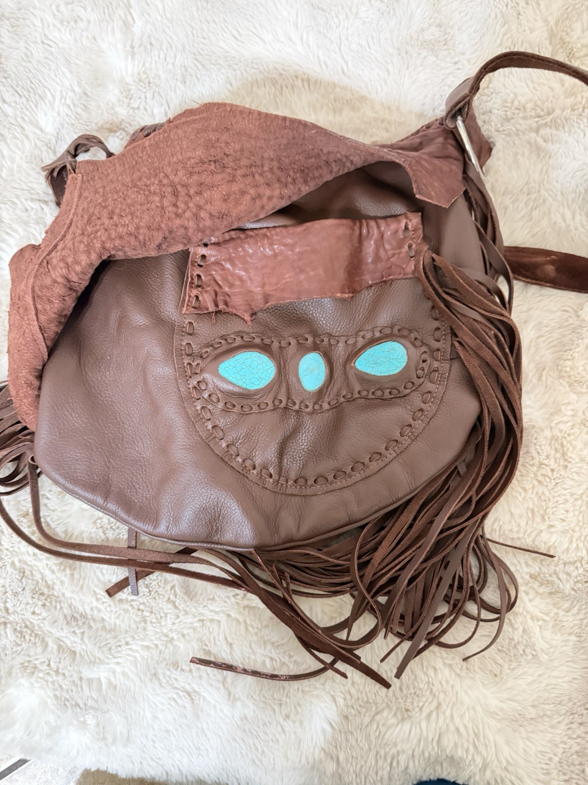 Brown Fringe Hobo Shoulder Bag Turquoise/Blue Paisley Flap Zip, Pouch