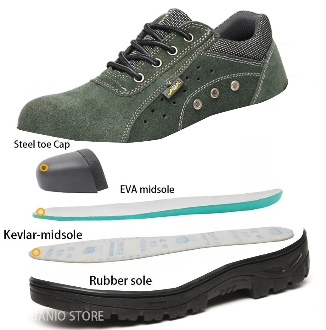 Mens Green Work Boots Breathable Safety Shoes Steel Toe Cap Slip Resistant Size