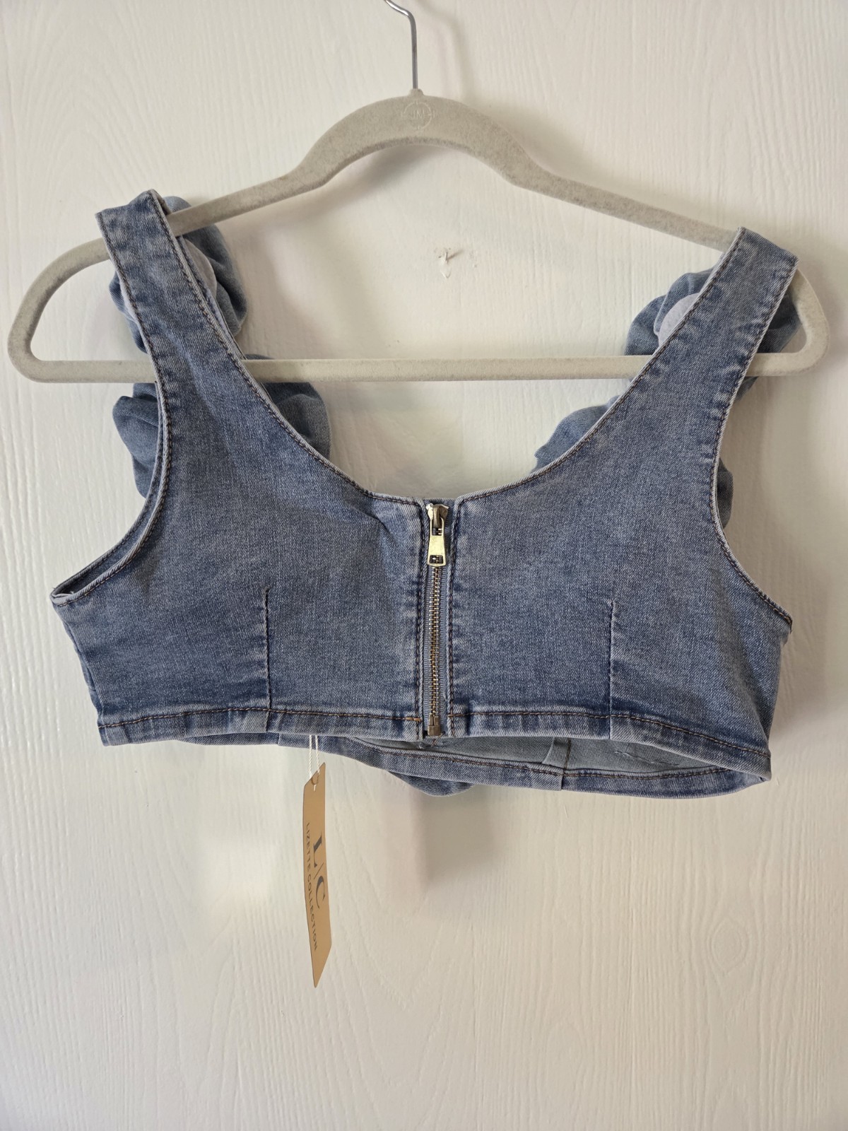 L/C LIZETTE Womens Blue Denim Low Cut Top Rose Accents Zip Back Stretch S/M Rare