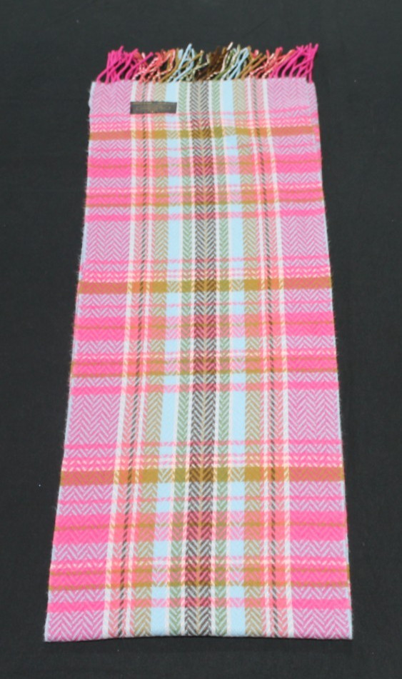 100% Cashmere Plaid Scarf Made In Germany Pink Blue Brown Fringe 70×12