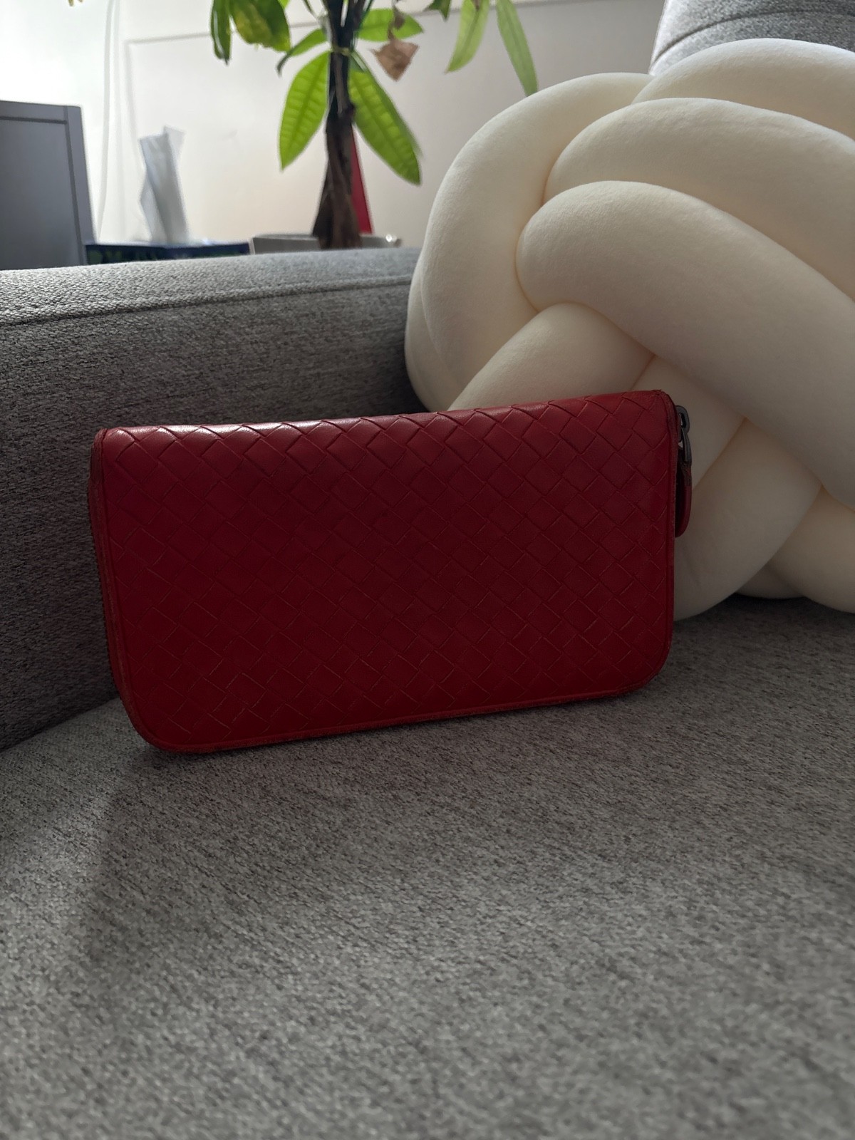 Bottega Veneta Intrecciato Red Leather Zip Around Wallet Continental Wallet