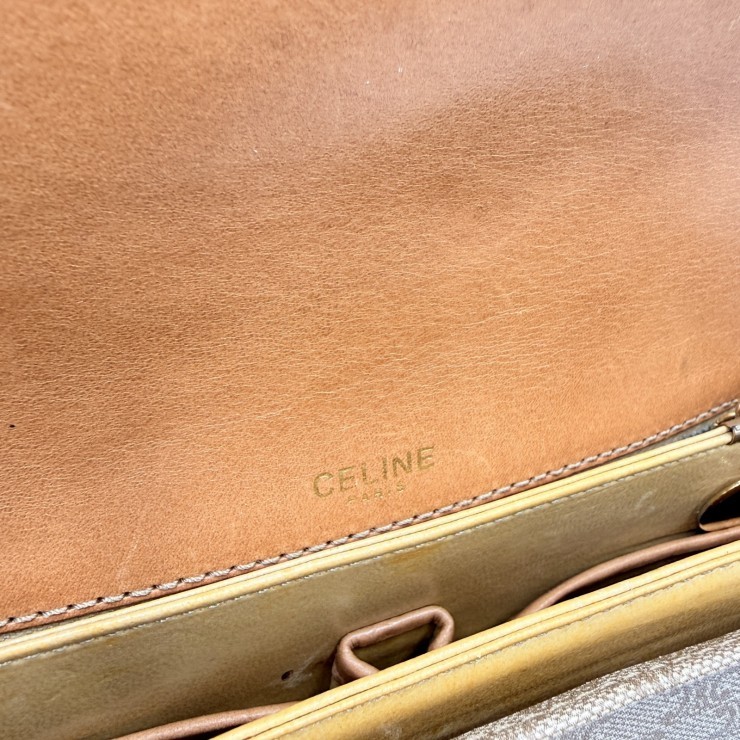 CELINE Vintage Macadam Shoulder Bag in Beige PVC and Leather with Gold-Tone …