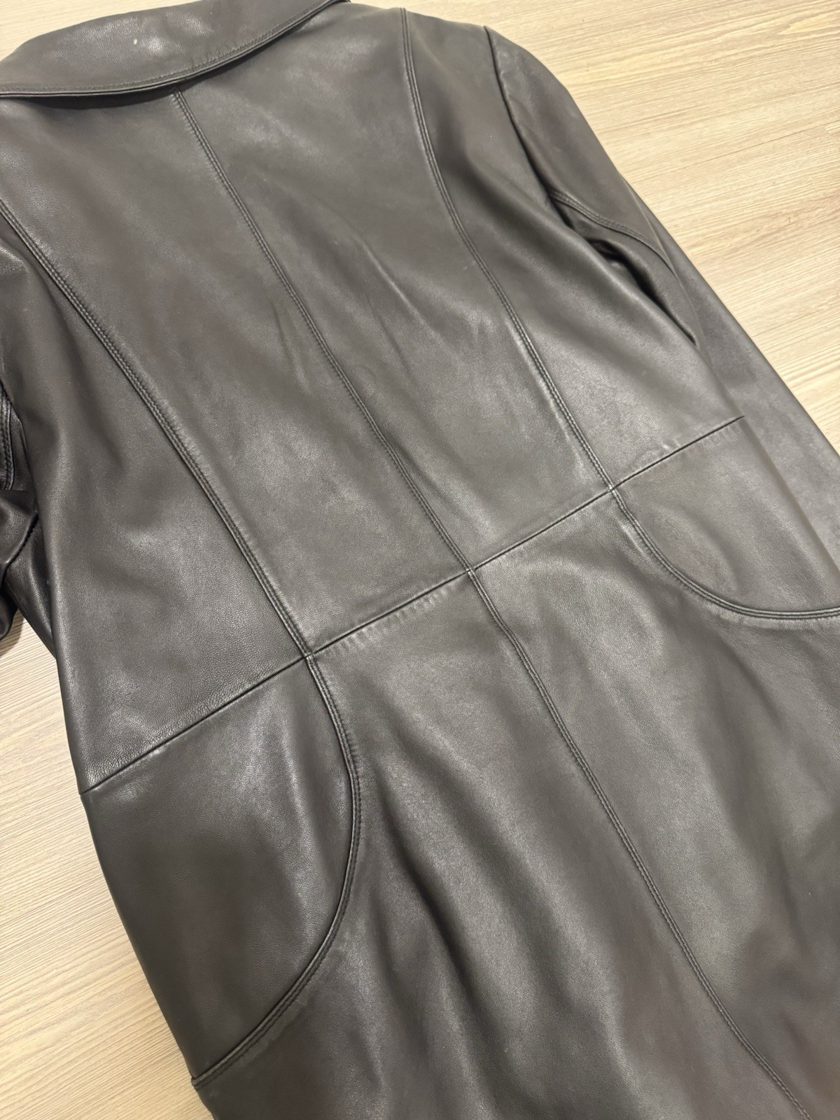 London Fog Women’s well-tailored Black Leather Long Overcoat Lined Size L Y2K