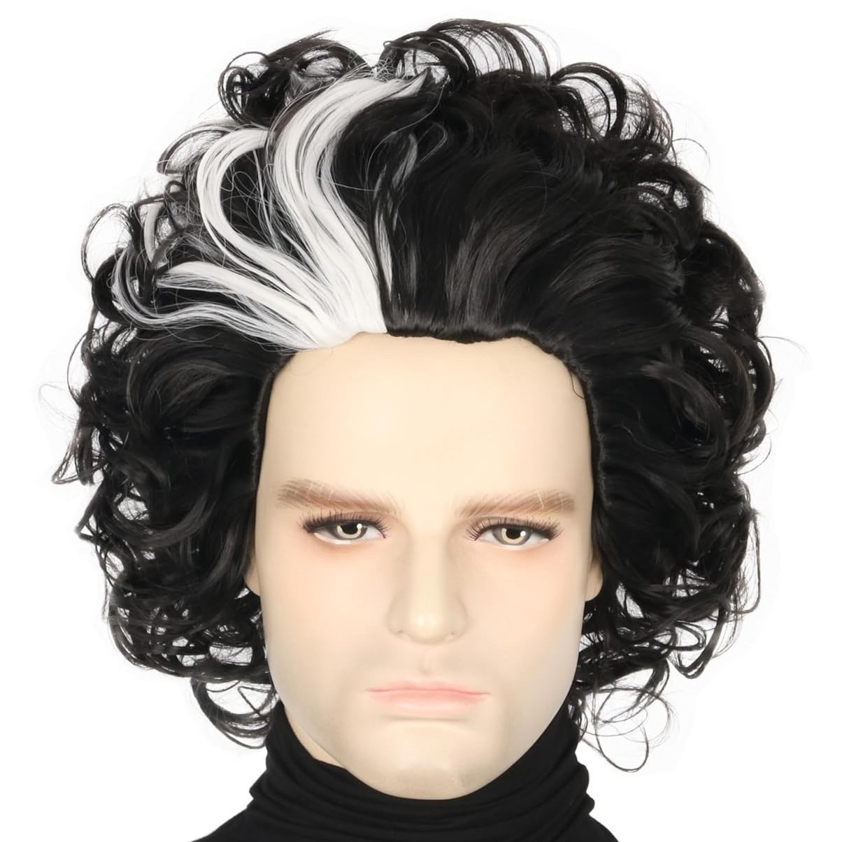 Black White Streak Curly Wig for Men Halloween Cosplay Costume Party Synthetic H