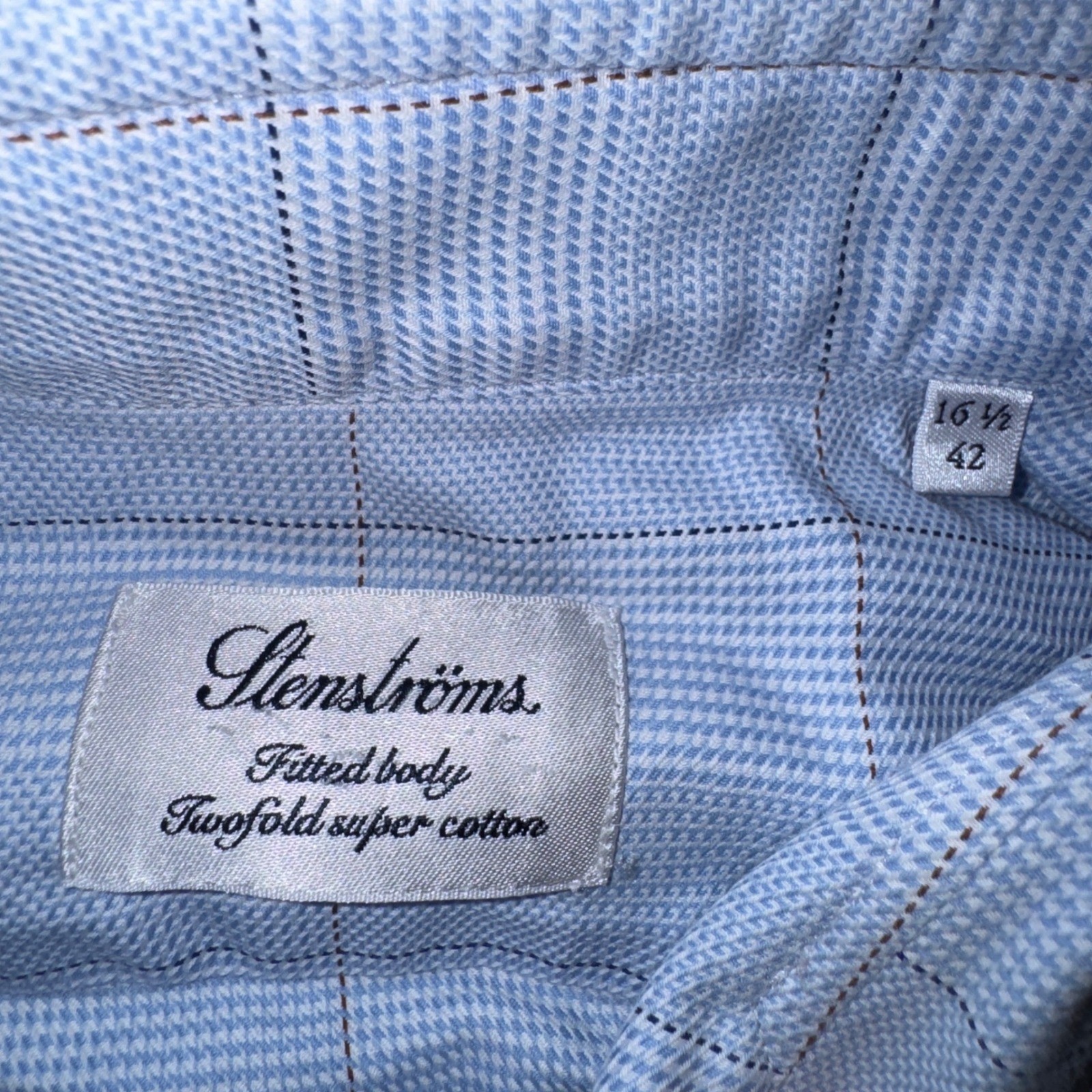 Stenstroms 16.5 42 Mens Blue Check Twofold Super Cotton Fitted Body Dress Shirt