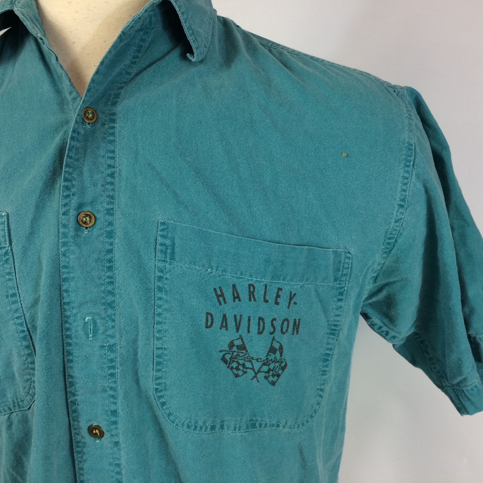 Vintage 80s 90s Harley Davidson Motorcycle Racing Button Shirt Surf Teal M