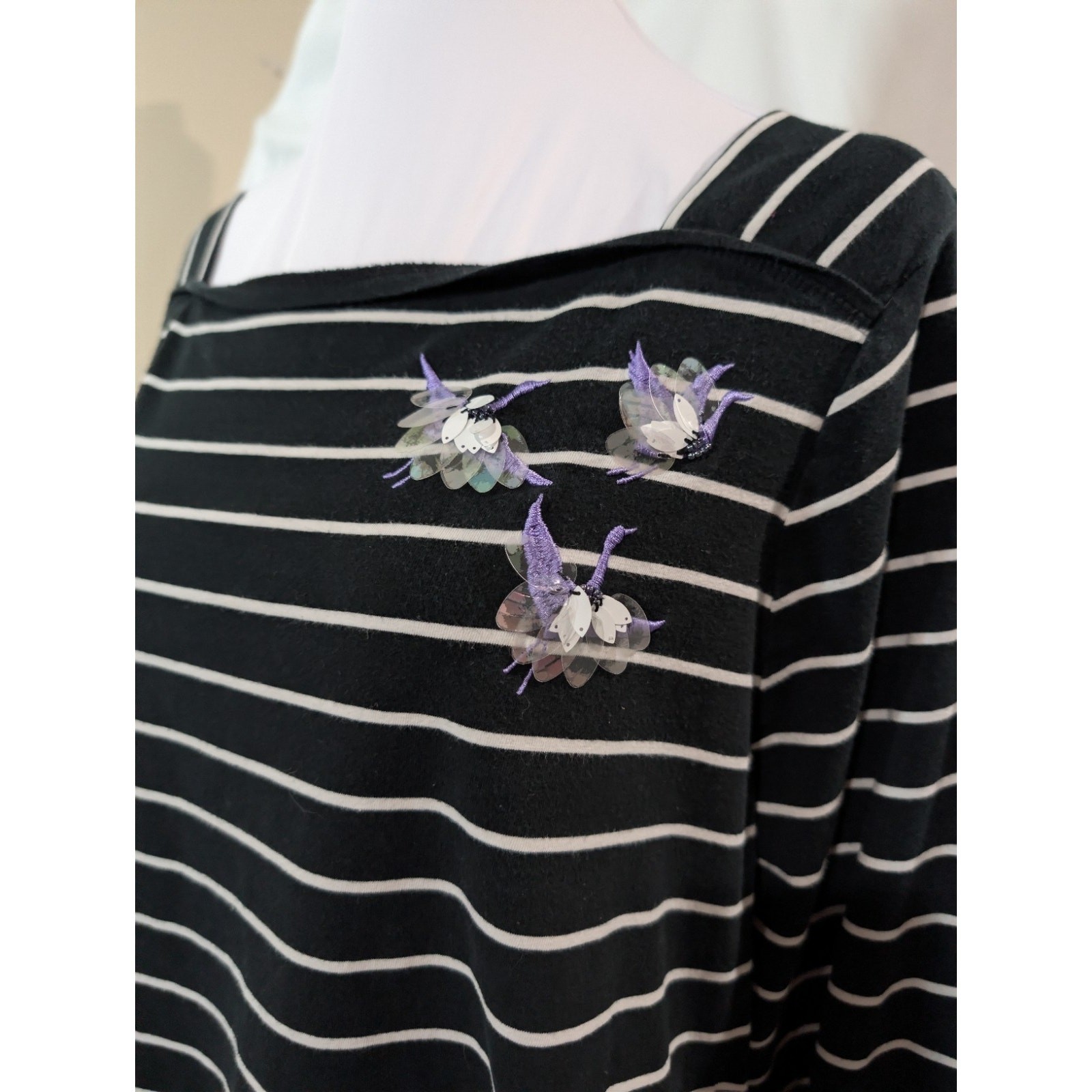 Ava Viv Women’s Striped Top Blouse Shirt Size 2X Black Cotton 3/4 Sleeve Sequins