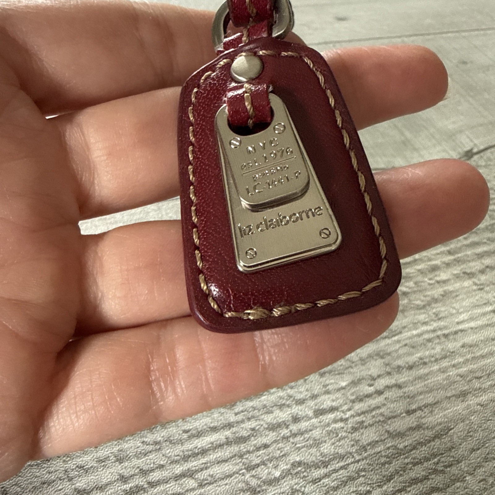 LIZ CLAIBORNE Vintage Red Leather Strap Buckle Fob Bag Charm Keychain Hang Tag