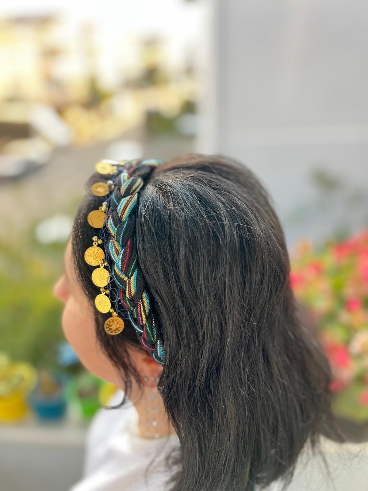 Bohemian Braided Hair Band with Gold Coin Charms Handmade Unique Boho Vintage