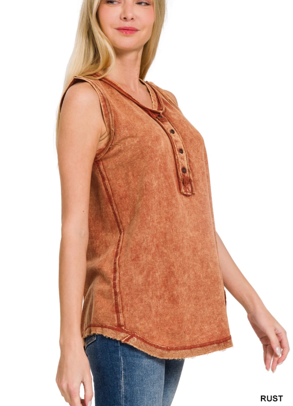 ZENANA 5251 Color Washed Henley Tank top Tunic 100% CottonRaw Edge Exposed Seam
