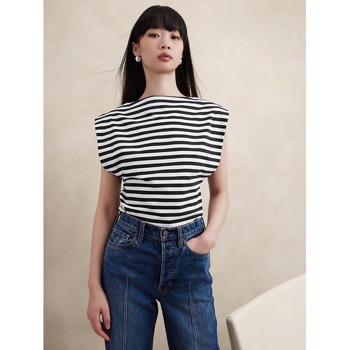Banana Republic Cotton Sharp-Shoulder Top Striped Navy White XXS Petite