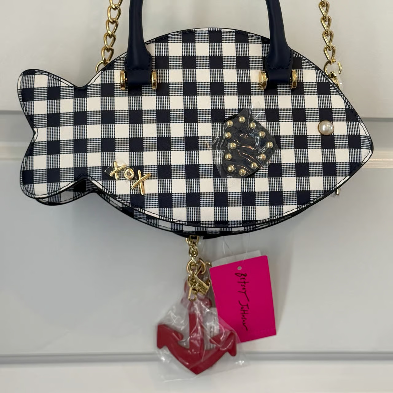 Betsey Johnson BM30800 Blue Gingham Fish Crossbody Bag Purse NEW RELEASE NWT