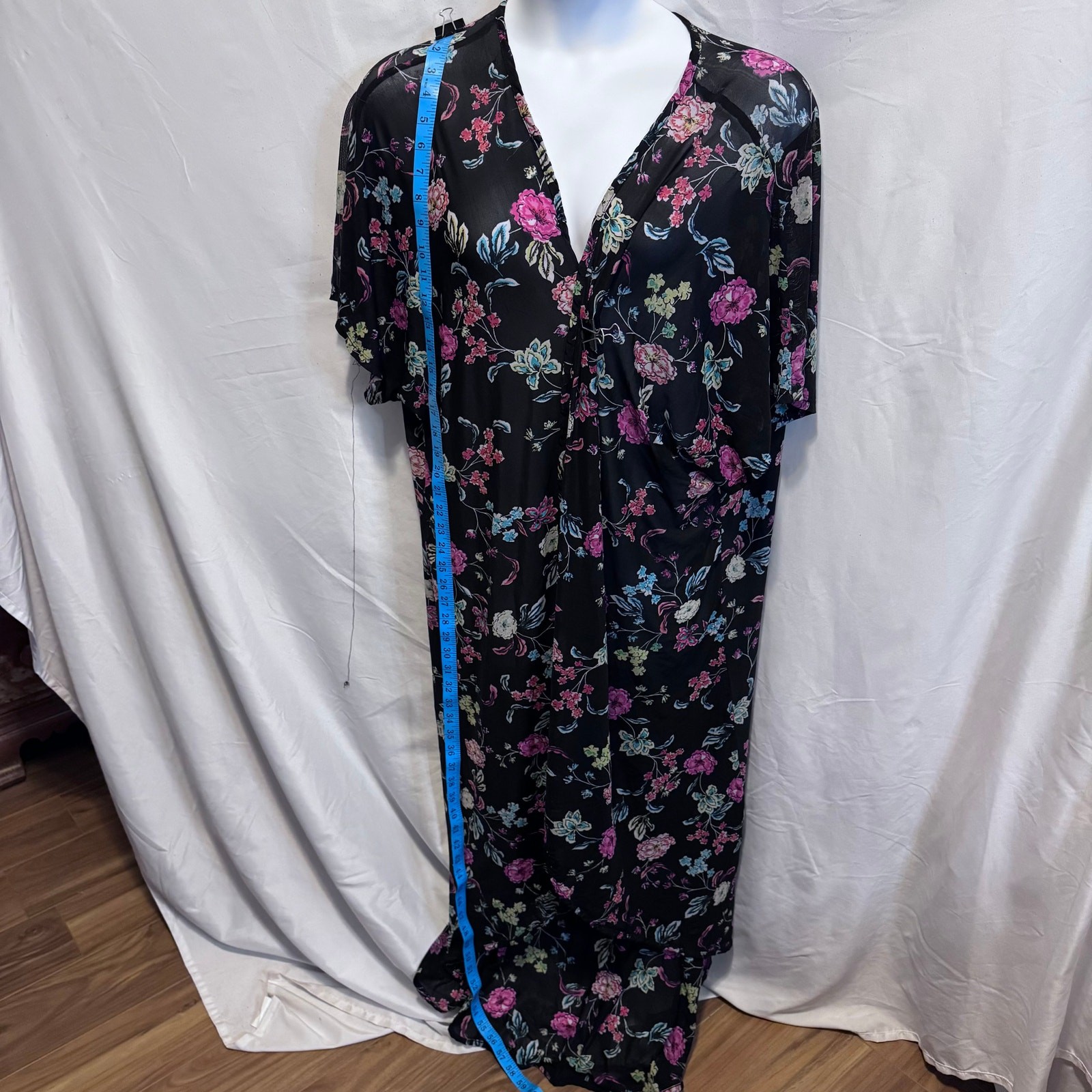 Torrid Floral Mesh Maxi Kimono Cover Up Black Pink Size 3/4 Plus Size Boho 59″