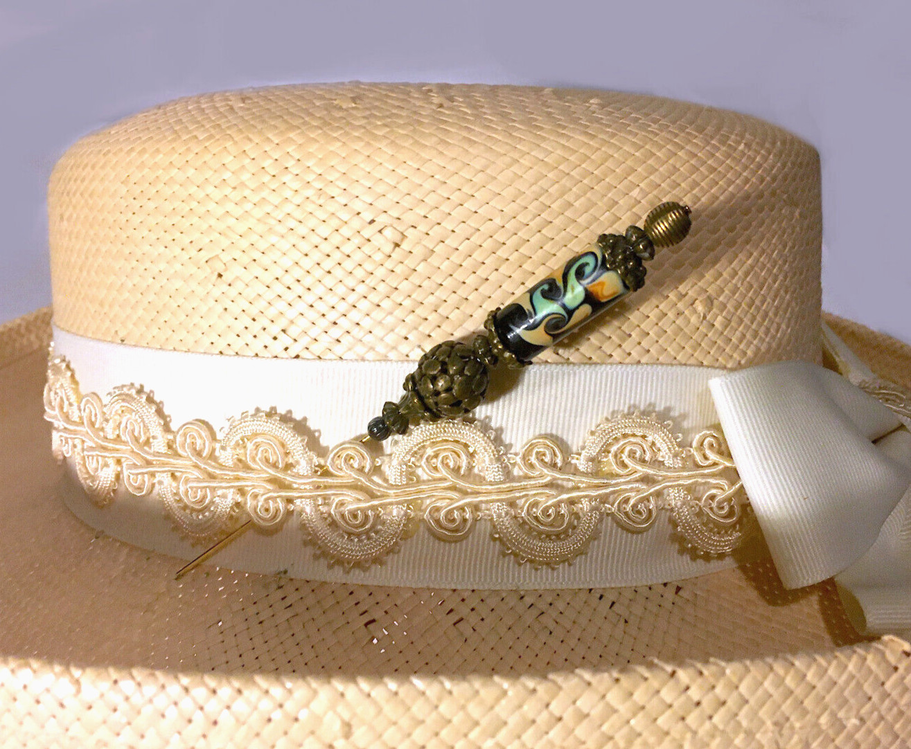 Hatpin with Vintage Tibetan Design & antique Bronze & Hand Made Artisan Ceramic