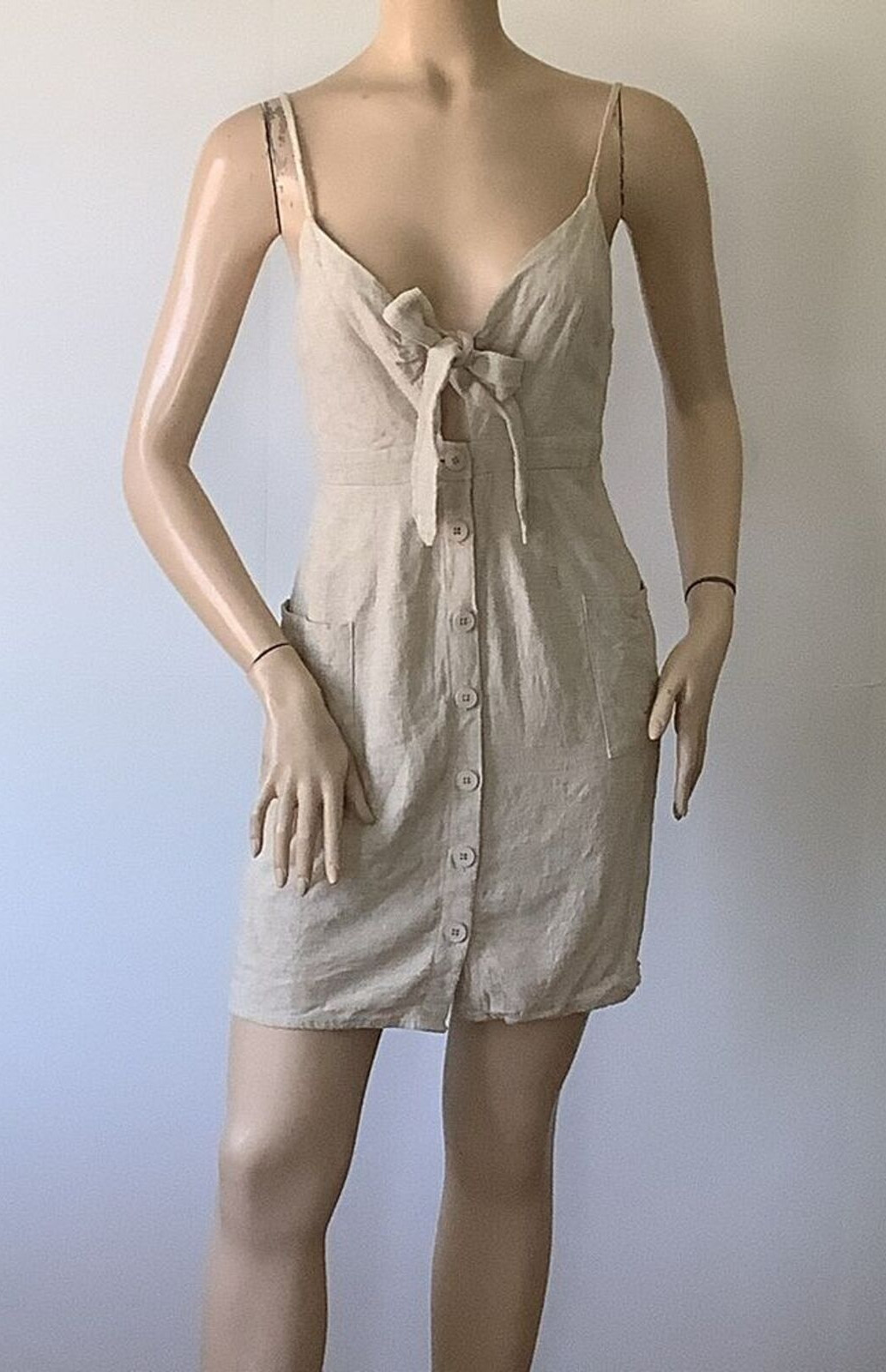 EVERLY Linen Blend Natural Oatmeal Shade Thin Adjustable Strap Dress (Size S)