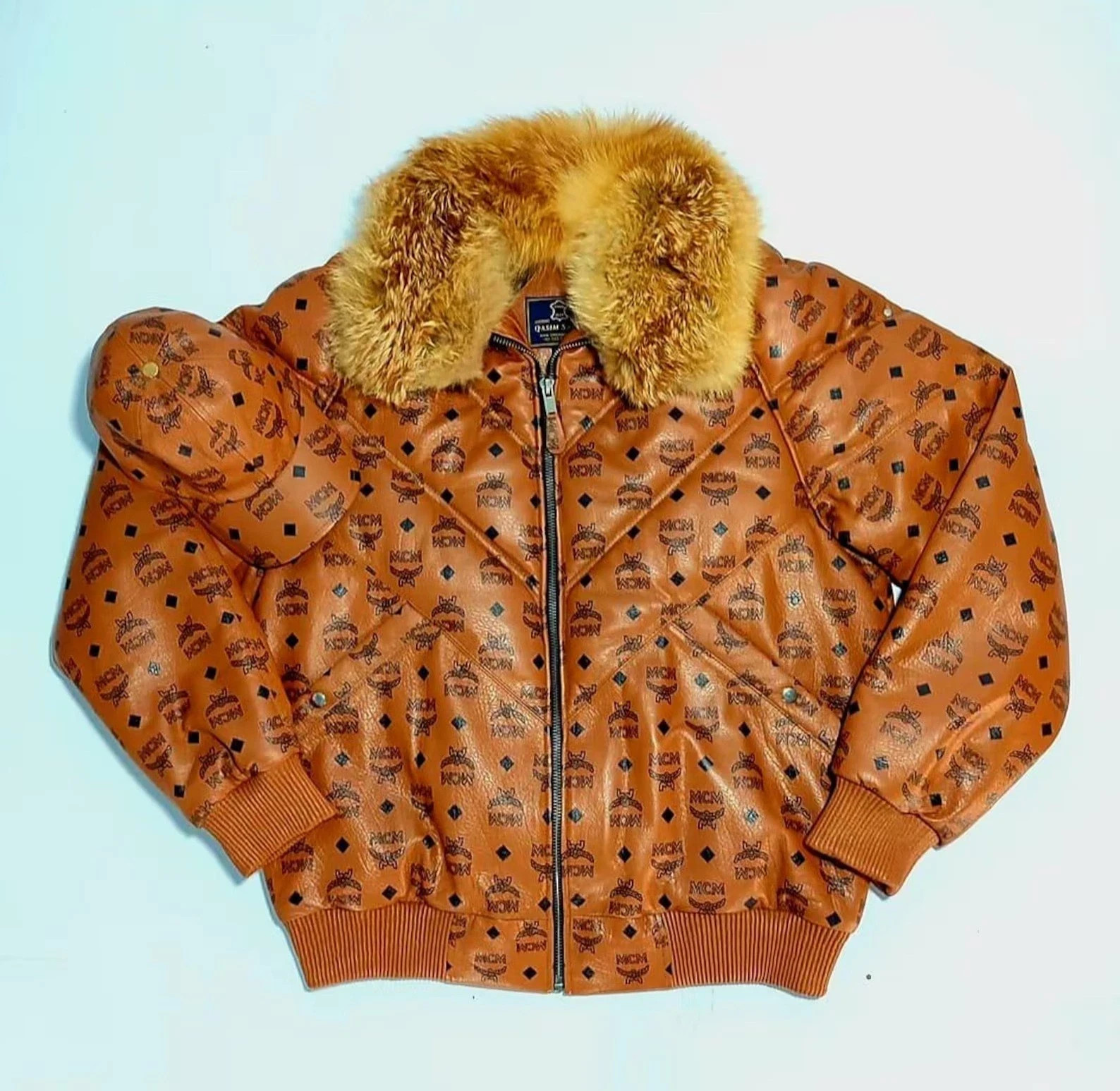 MCM Cognac Monogram Leather Puffer Jacket w/ Fur Collar + Matching Hat