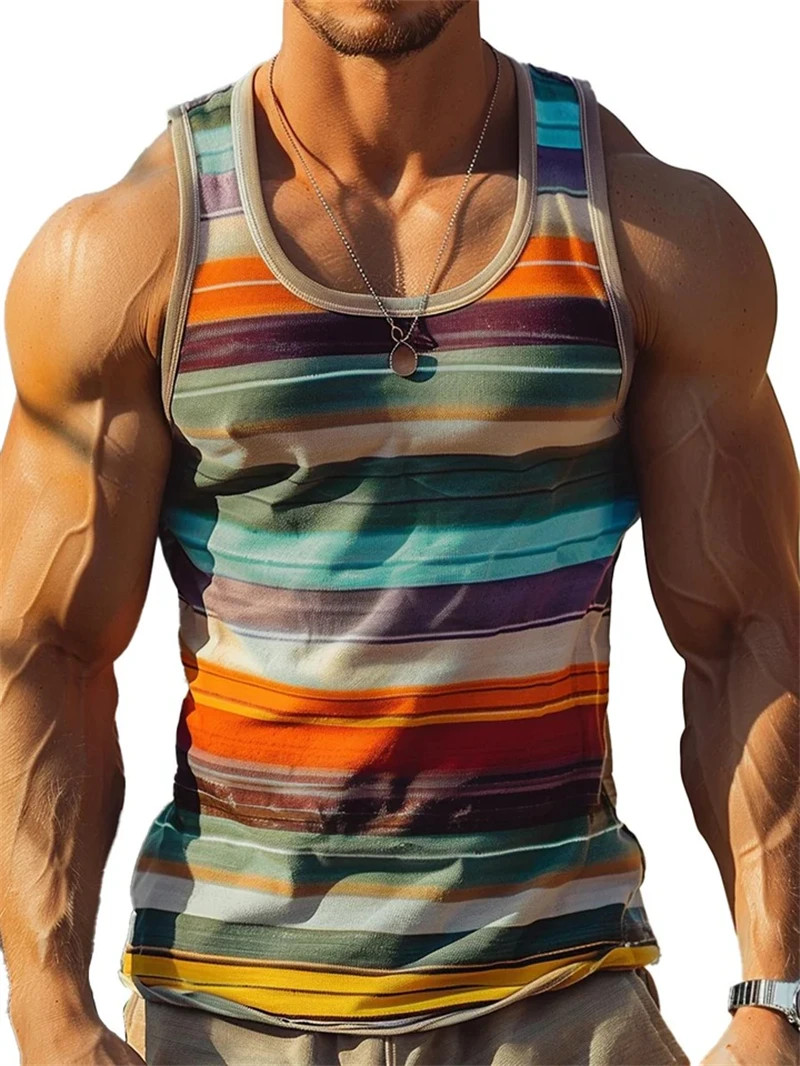 Retro Striped 3D Graphic Tank Top for Men – Sleeveless Quick-Dry Summer Vest