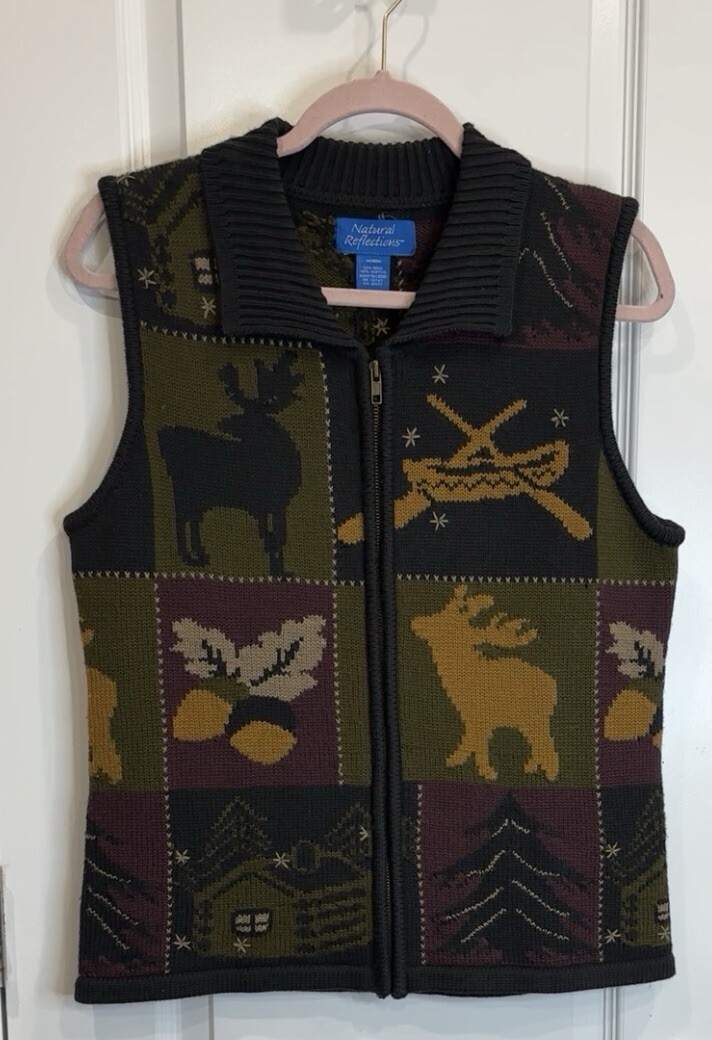 NATURAL REFLECTIONS (VTG) Wool Blend Sweater Vest Med Full Zip Cabincore Nature