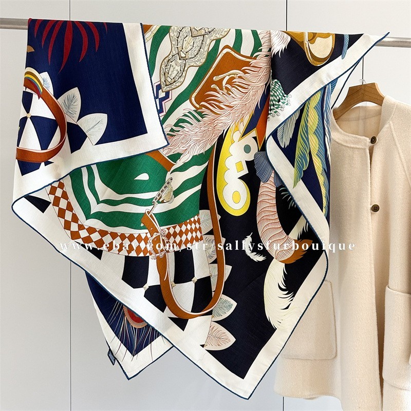 Sallys 70% Cashmere 30% Silk Wrap Scarf Feather Print Double Face Shawl 53″ Navy