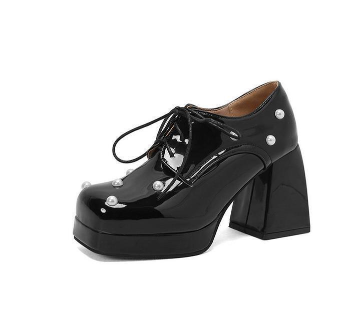 Women Square Toe Beaded Lace Up Pumps Candy Color Mary Jane Shoe Block Heel Pump