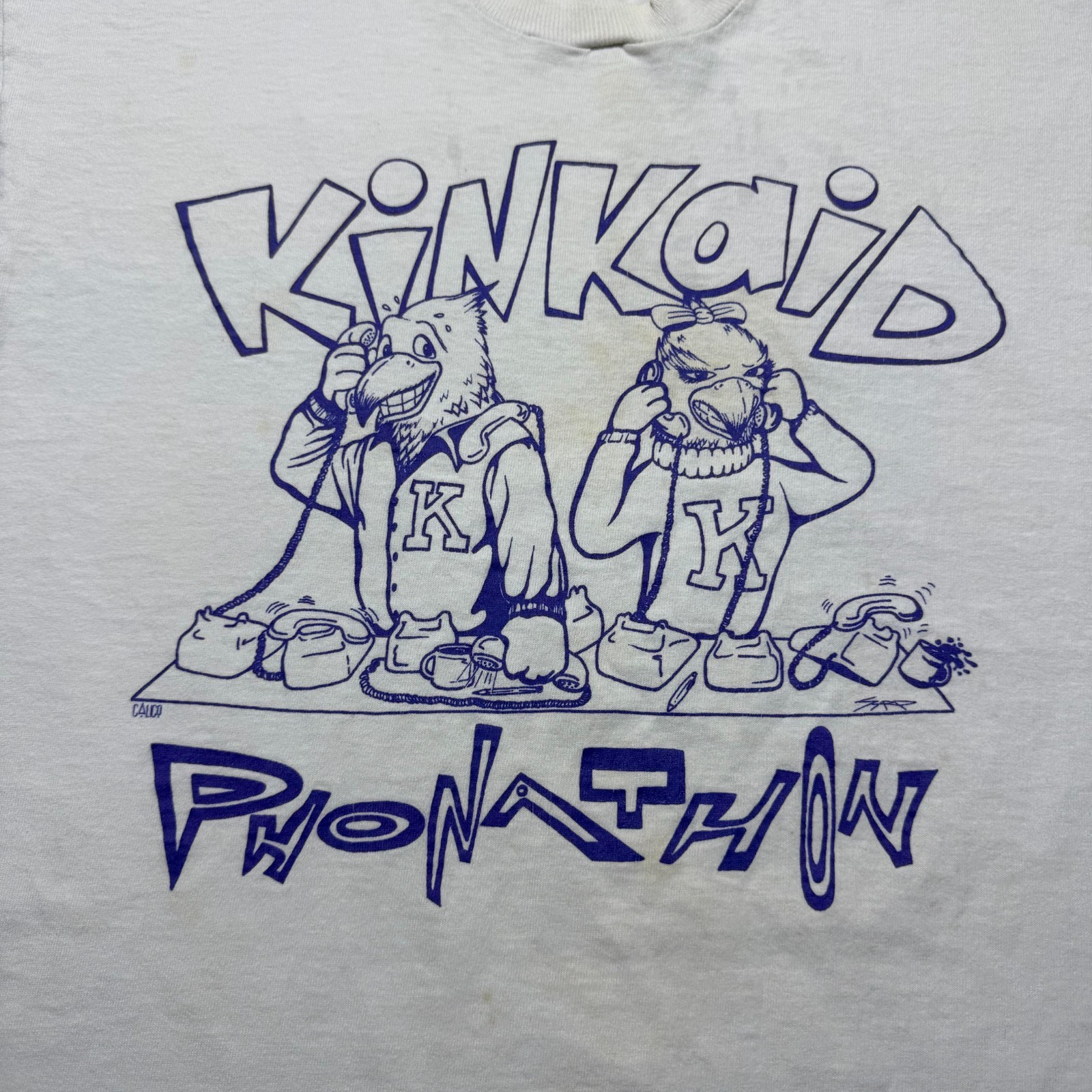 Vintage 90s Kinkaid Phonathon Falcons School Cartoon Graphic T-Shirt USA – XL