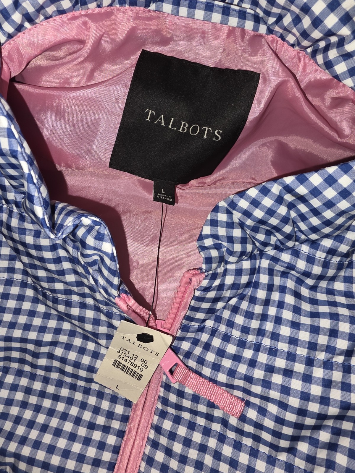 NWT Women’s TALBOTS Quilted Blue White Gingham Puffer Vest Jacket Lightweight L