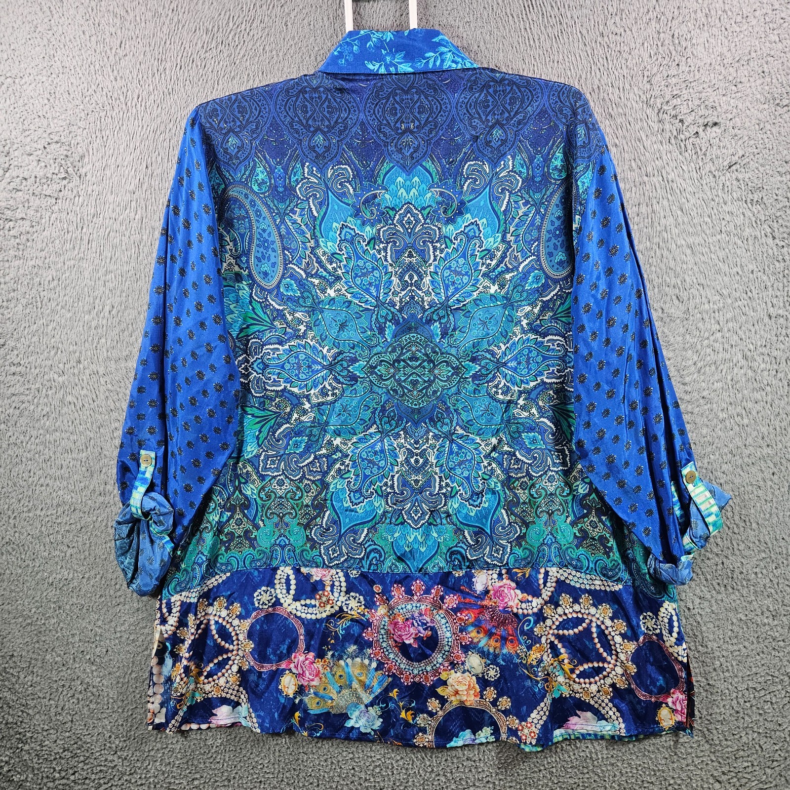$119 NEW John Mark Shirt Top Women 1X Button Up Geometric Print Blue Tone