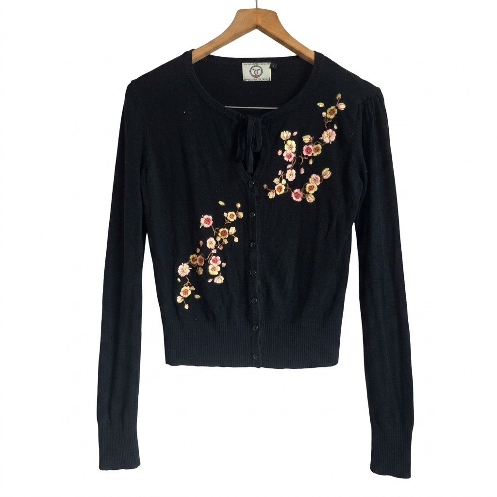 Dancing Days by Banned Retro Cardigan Black Embroidered Floral Blossom 12 14