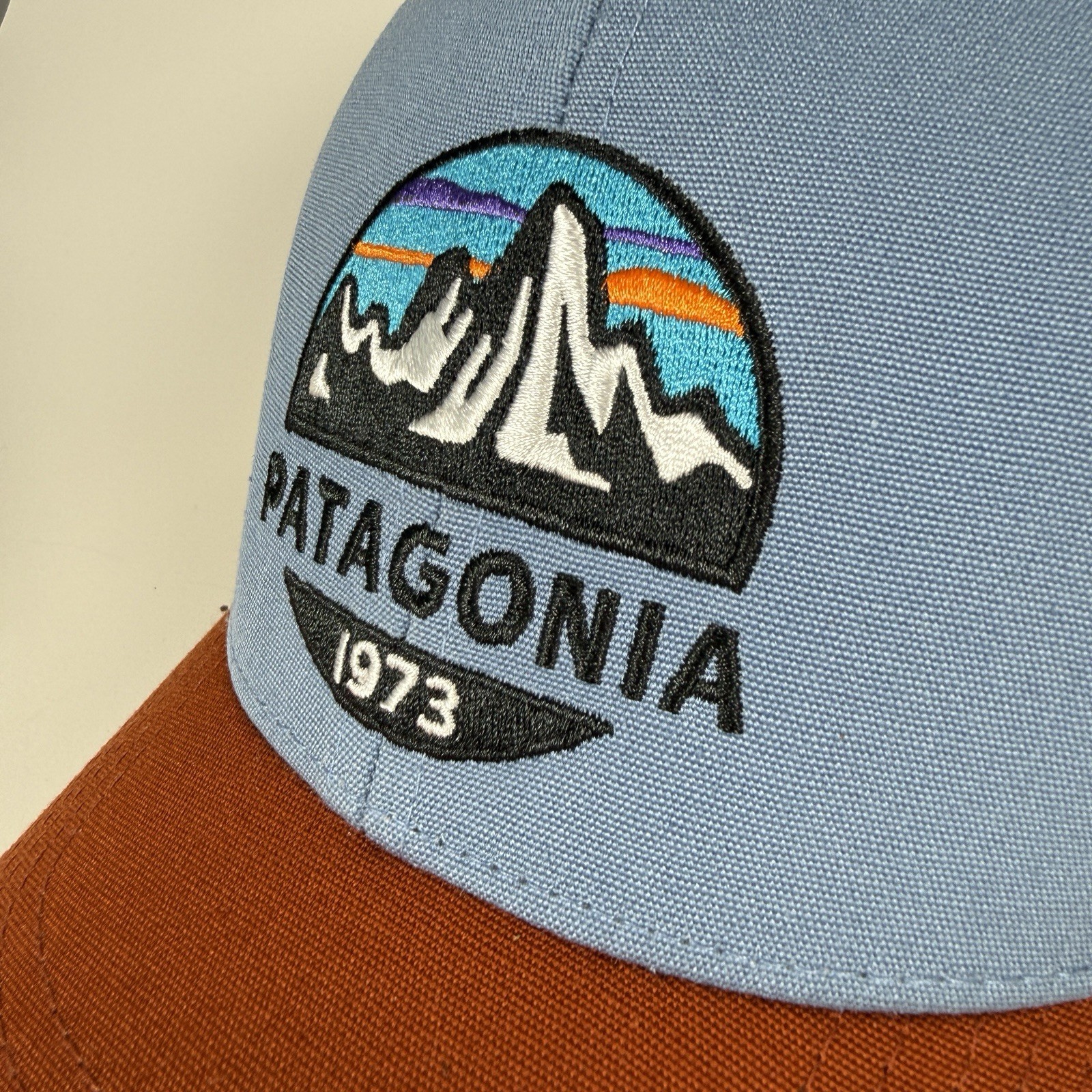 PATAGONIA Fitz Roy Lo-Pro Trucker Hat Mesh Orange Blue Embroidered Mountain Logo